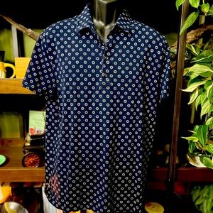 Express Men's Navy Patterned Short Sleeve Stretch Collared Polo Size Large